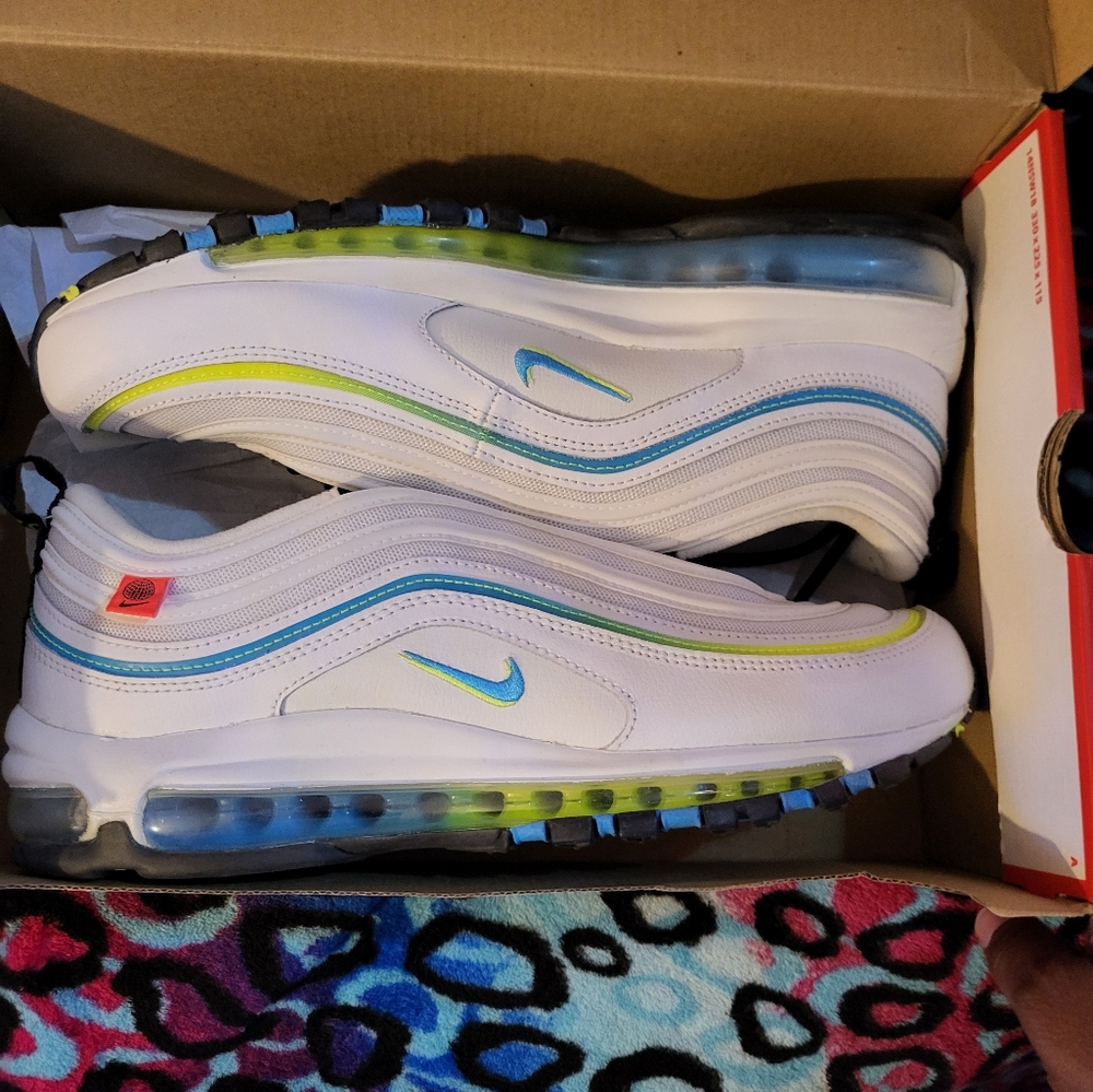 NIKE AIR MAX 97 WW size 10.5 white/blue fury, volt, black